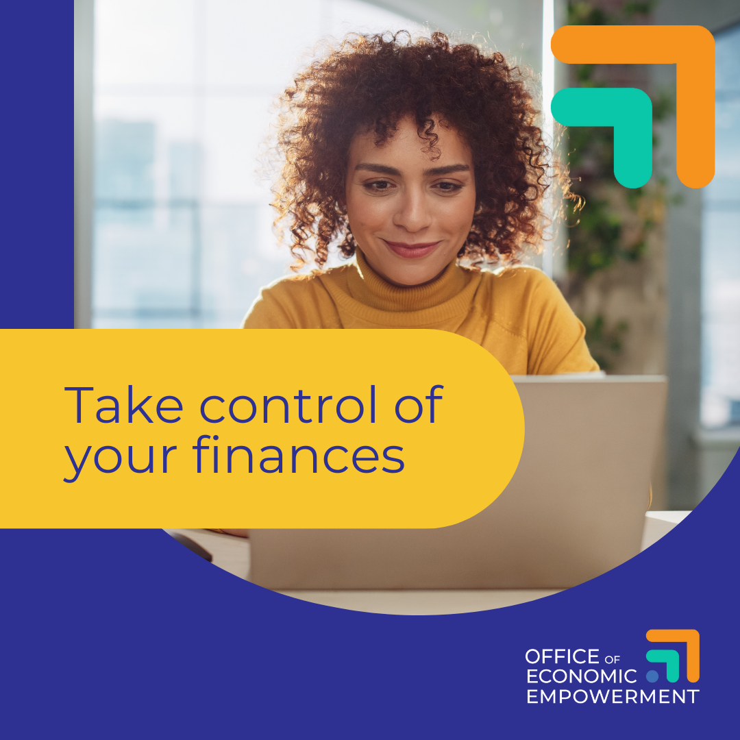 A person uses a computer to explore free resources from the Office of Economic Empowerment. Text overlay reads "take control of your finances" and includes the logo for the Office of Economic Empowerment.