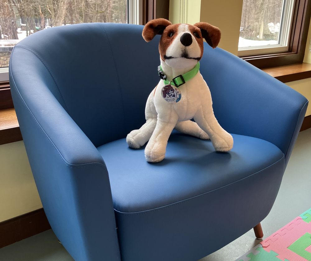 stuffed dog on a chair