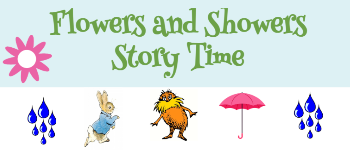 picture of peter rabbit, the lorax, and umbrella and raindrops