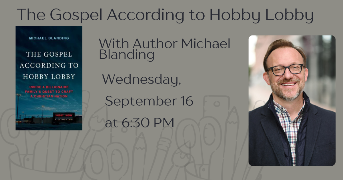Slide with cover of The Gospel According to Hobby Lobby and head shot of author Michael Blanding