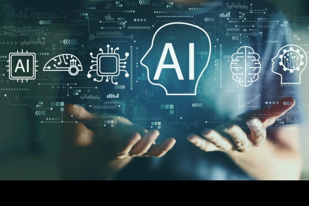 cloud looking circuits with an outline of a human head with the letters AI. Background is an unidentified person