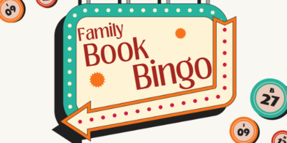 sign that says Family Book Bingo with some bingo balls