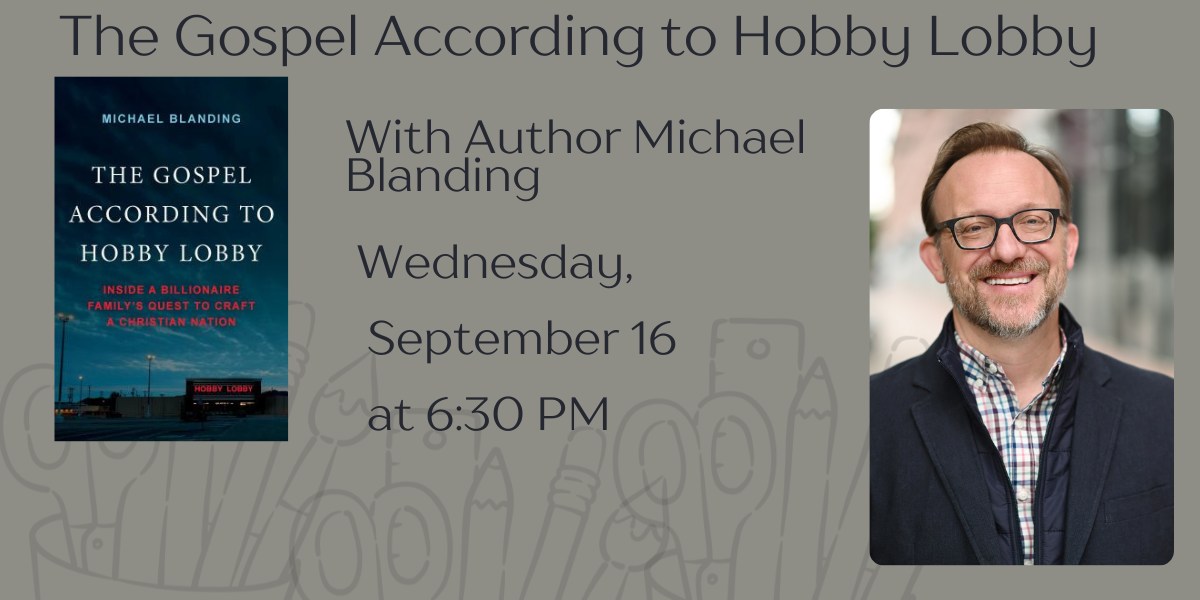 Slide with cover of The Gospel According to Hobby Lobby and head shot of author Michael Blanding