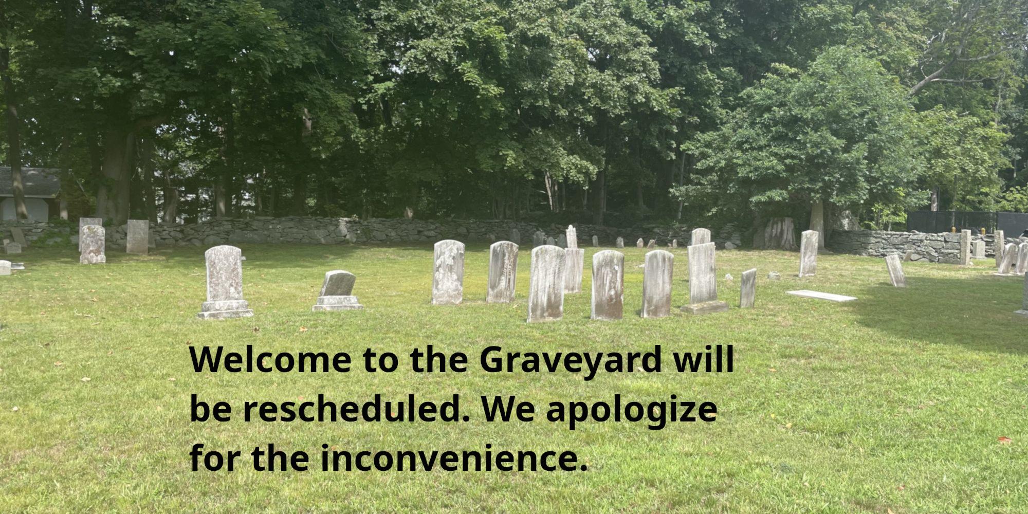 Photo of Swansea Town Hall cemetery with words "Welcome to the graveyard will be rescheduled. We apologize for any inconvenience."
