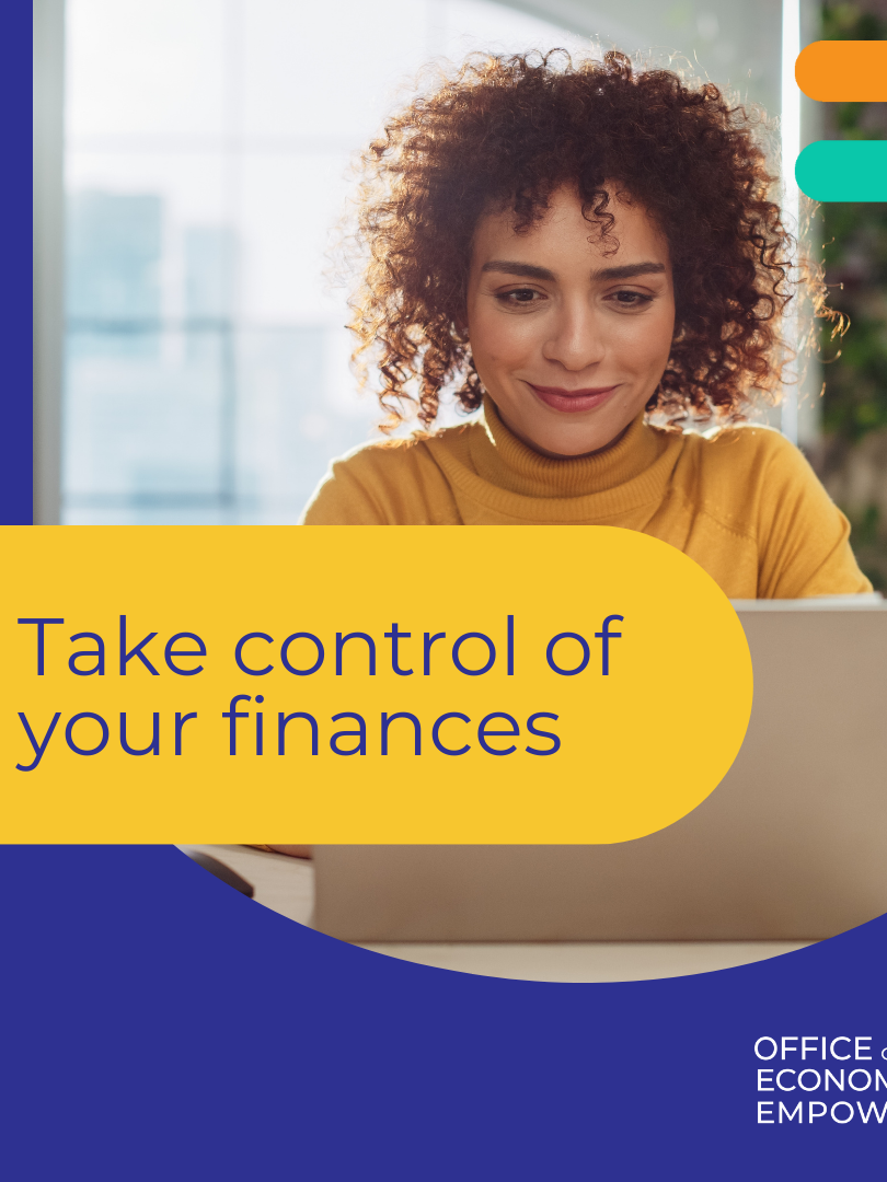 A person uses a computer to explore free resources from the Office of Economic Empowerment. Text overlay reads "take control of your finances" and includes the logo for the Office of Economic Empowerment.